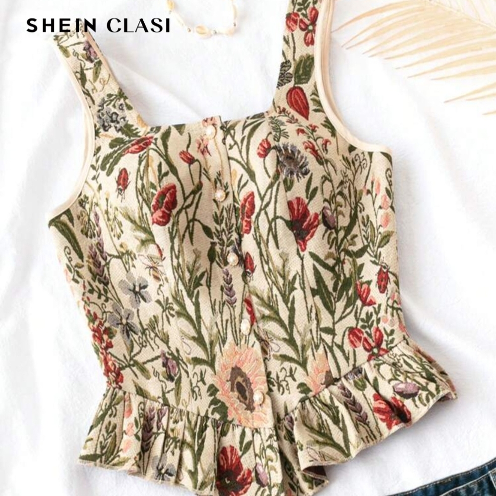 SHEIN Cream Floral Button-Front Peplum Camisole